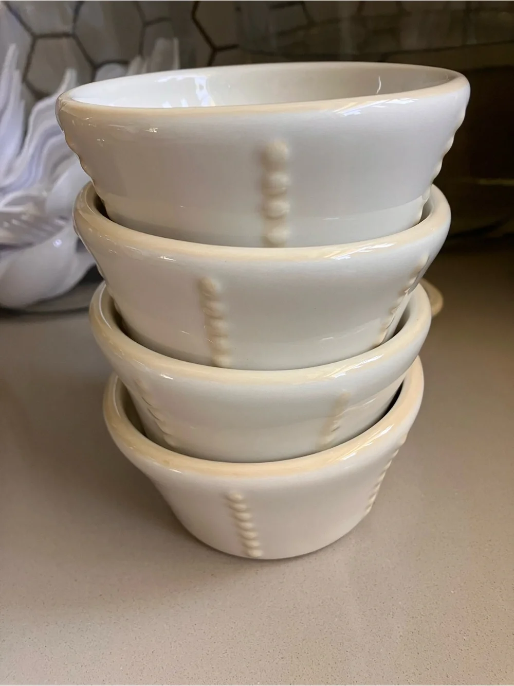 Princess House Cream Ceramic Ramekin Set with Beaded Detail - 4 Pack